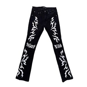 Publik White Felt Flame Design Go Wild Black Flocking Flare Jeans Womens 30x34